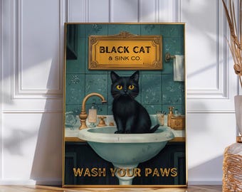 Póster vintage de gato negro en el baño: Arte para lavarse las patas (descarga digital)