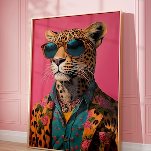 Funky Fashion Leopard Art Print | Funky Wall Art | Dopamine Aesthetic | Maximalist Decor | Funny Animal Painting | Trendy Preppy Print