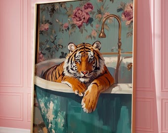 Impression d'art tigre dans la baignoire : décoration murale éclectique maximaliste (téléchargement numérique)