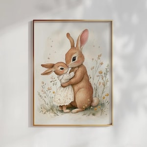 Rabbit Nursery Print | Vintage Style Nursery PRINTABLE Wall Art | Mom & Baby Print | Antique Nursery Decor | Girls Nursery Print | Bunny Art