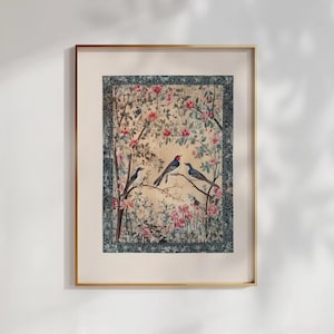 Textile Wall Art | Light Academia Decor | Vintage Print | Tapestry Wall Art | Light Academia Room Decor | Printable Wall Art | Birds Floral