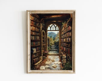 Op de afbeelding: Een schilderij van een bibliotheek met boekenkasten langs de muren, die leiden naar een deur met uitzicht op een weelderig groen landschap. De deur wordt omlijst door een stenen boog en de vloer is bedekt met verspreide pagina's.