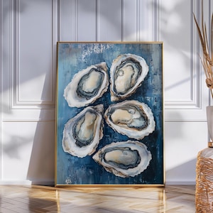 May include: A painting of five oysters on a blue background. The oysters are arranged in a cluster, with their shells open and closed. The painting is done in a realistic style, with the details of the oysters' shells and flesh clearly visible.