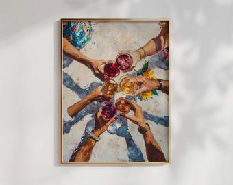 Può includere: Un dipinto che raffigura sei mani che alzano bicchieri di vino, con un girasole sullo sfondo. I bicchieri sono pieni di liquidi di diversi colori, tra cui rosso, bianco e rosa.