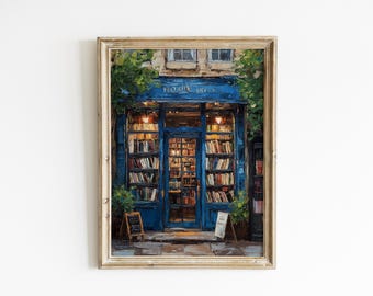 May include: A painting depicting a blue shopfront with the words "Book Corner" above the entrance. The shopfront is filled with bookshelves and the windows are lit with warm light.