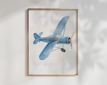 Vintage Biplane Print: Blue Watercolor Plane, Nursery Decor (Digital Download)