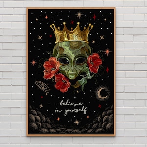 Believe In Yourself | Alien Wall Art | Embroidery Art Print | Space | Home Decor