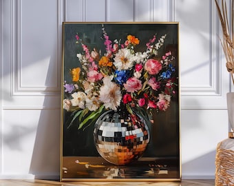 Disco Ball Wildflower Bouquet Print | Maximalist Funky Art Poster | Moody Florals | Indie Art | Dark Cottagecore | Retro Eclectic Wall Art