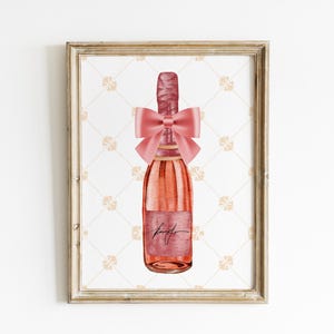 Pink Champagne Bottle Wall Art | Rose Gold Wall Art | Winter Wedding Print | Coquette Art Print | Preppy Bar Cart | Girly Room Decor