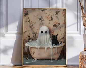 Ghost & Cat Bubble Bath Halloween Print: Spooky Bathroom Art (Digital Download)