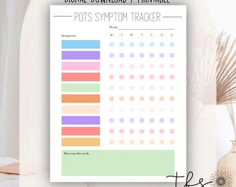Op de afbeelding: Printbare POTS-symptoomtracker met een kleurrijk ontwerp. De tracker bevat een sectie voor symptomen en een weekkalender met de dagen van de week gelabeld M, T, W, T, F, S, S. Er is ook een sectie om te schrijven hoe de week was.