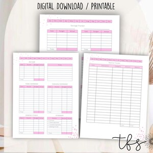 Puede incluir: Planificador de presupuesto imprimible con acentos rosados y un fondo brillante. El planificador incluye secciones para ingresos, gastos fijos, gastos variables, ahorros y un resumen. El texto "DESCARGA DIGITAL / IMPRIMIBLE" aparece en la parte superior de la página.