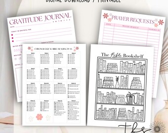 May include: Printable digital download set of three pages for journaling and prayer. The first page is a gratitude journal with space for daily entries, water intake, weather, and notes. The second page is a prayer request log with space for date, prayer request, and answered on. The third page is a chronological Bible reading plan with a list of books and chapters to read each week. The third page also features a black and white illustration of a bookshelf with books labeled with the names of books in the Bible.