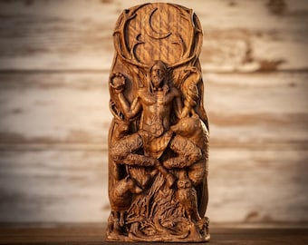 May include: A detailed wooden carving of a figure with a beard, antlers, and a crescent moon design. The figure is surrounded by animals, including bears, foxes, and an owl. The carving is brown and has intricate details.