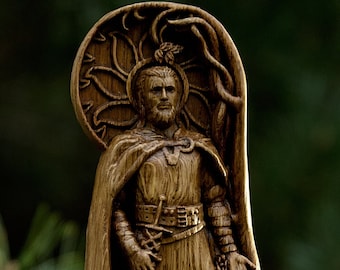 Freyr God, Viking god, Wood carved statue, Pagan paganism God, Altar sculpture