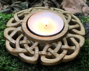 Wood carved candle, Candle holder, Hand carved, Celtic knot candle