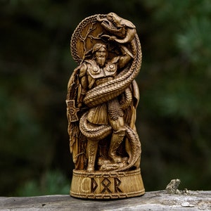 Hand-Carved Thor vs Jörmungandr Statue | Norse God of Thunder, Viking Pagan Altar Decor, Mythic Battle Sculpture, Spiritual Gift