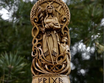 Frigga, God viking, Wood carved Frigg statue, Friga,  God Altar sculpture, Norse gods