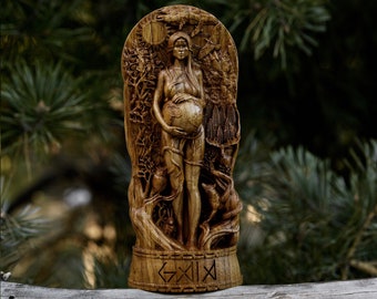 Hand-Carved Oak Gaia Statue: Mother Earth Altar Decor