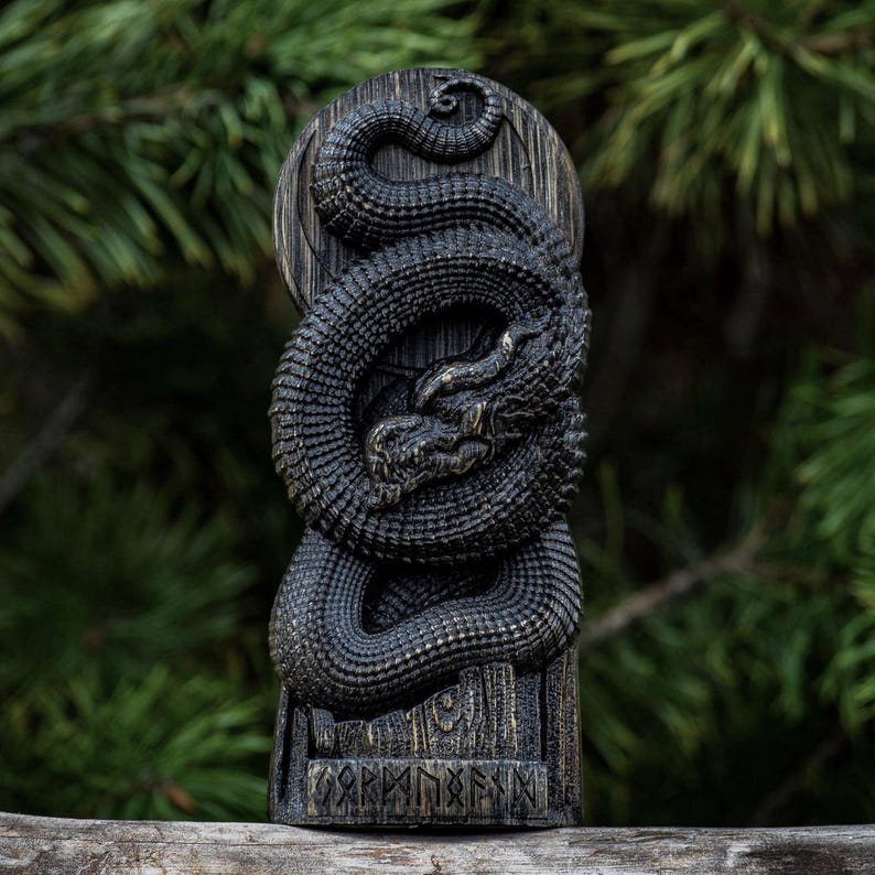 Jormungandr Statue: Dark-Stained Hand-Carved Oak Norse Decor image 1