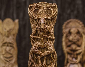 Hand-Carved Oak Wendigo Statue: Mythical Forest Spirit Decor