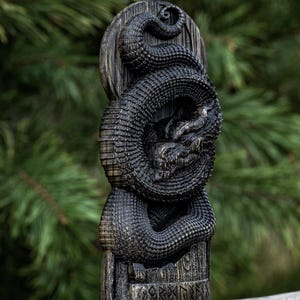 Jormungandr Statue: Dark-Stained Hand-Carved Oak Norse Decor image 2