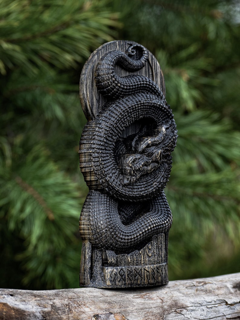 Jormungandr Statue: Dark-Stained Hand-Carved Oak Norse Decor image 2