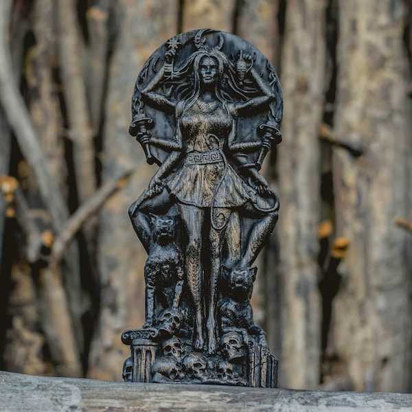 Hand-Carved Hecate Statue: Dark Oak Greek Goddess Altar Decor