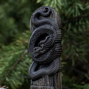 Jormungandr Statue: Dark-Stained Hand-Carved Oak Norse Decor image 4