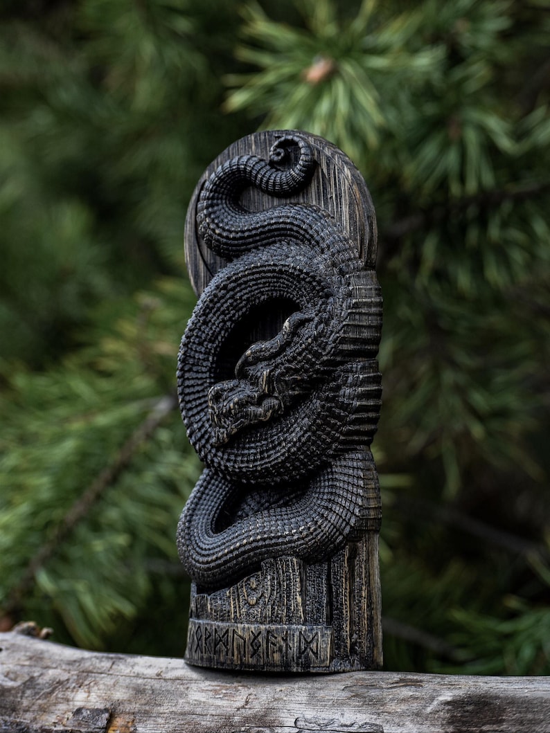 Jormungandr Statue: Dark-Stained Hand-Carved Oak Norse Decor image 4