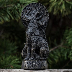 Hand-Carved Fenrir Wooden Statue | Bound Wolf of Ragnarök, Norse Pagan Altar Decor, Viking Mythology Collectible, Spiritual Gift