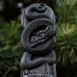 Jormungandr Statue: Dark-Stained Hand-Carved Oak Norse Decor image 3