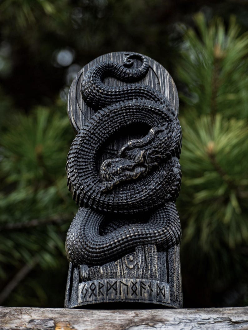 Jormungandr Statue: Dark-Stained Hand-Carved Oak Norse Decor image 3