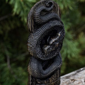 Jormungandr Statue: Dark-Stained Hand-Carved Oak Norse Decor image 6