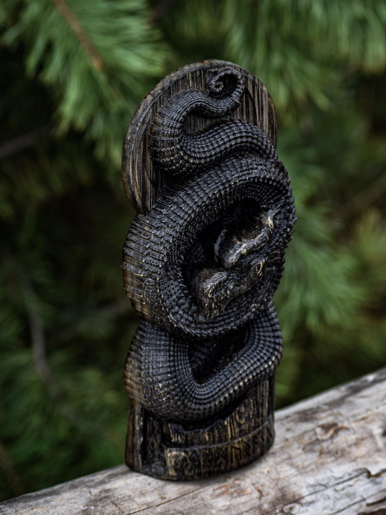 Jormungandr Statue: Dark-Stained Hand-Carved Oak Norse Decor image 6