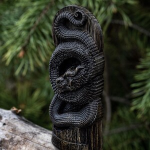 Jormungandr Statue: Dark-Stained Hand-Carved Oak Norse Decor image 7