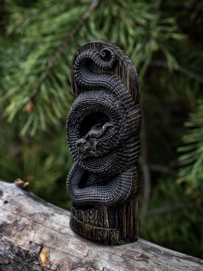 Jormungandr Statue: Dark-Stained Hand-Carved Oak Norse Decor image 7