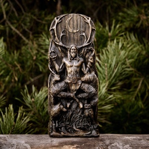 Cernunnos, Cernun, wooden horned god, pagan god, Wiccan, Druid, Celtic god, altar statue,