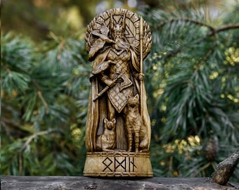 Handmade Oak Odin Statue Norse Mythology Viking Figurine Pagan Altar Decor