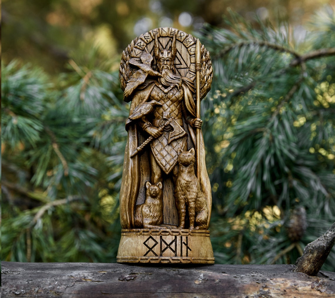 Odin God viking god Wood carved statue Pagan paganism God Etsy