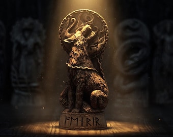 Houten standbeeld van Fenrir met de hand gesneden decor uit de Noorse mythologie, Viking Wolf God, Noors heidens altaarstuk