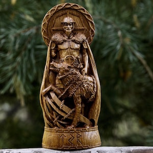Hand-Carved Tyr & Fenrir Wooden Statue | Norse God of Honor  Battle, Viking Pagan Altar Decor, Asatru Spiritual Gift