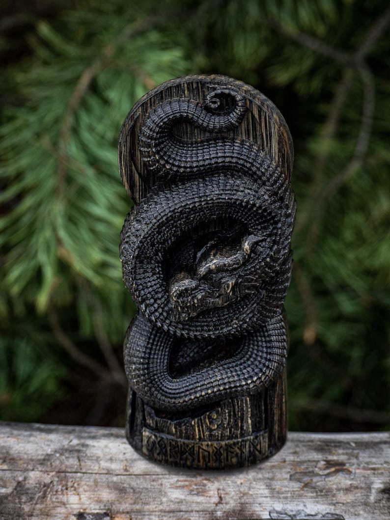 Jormungandr Statue: Dark-Stained Hand-Carved Oak Norse Decor image 5
