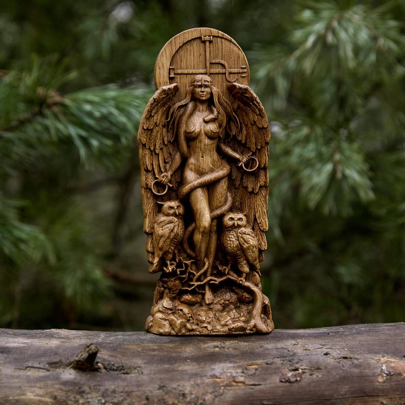 Handcrafted Oak Lilith Statue: Wiccan Pagan Decor image 1