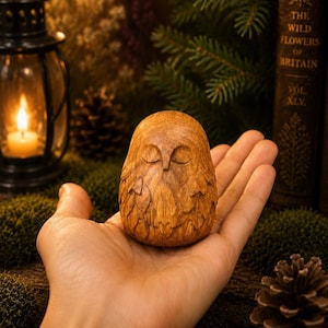 May include: A small, wooden owl figurine with detailed feather carvings is held in an open hand. The owl is a warm, natural wood color. The background includes a lit lantern, pinecones, and a book titled "The Wild Flowers of Britain."