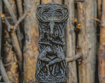 Hand-Carved Oak Wendigo Statue: Dark Pagan Altar Decor