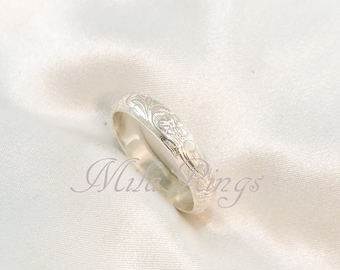 2101-Textured Sterling Silver Ring - Floral Pattern, 4mm Width