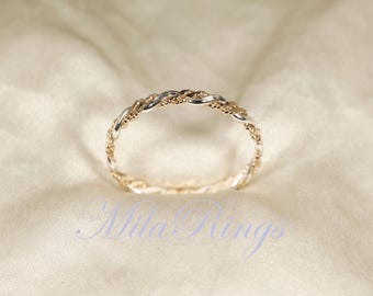 Bague en argent sterling torsadée-6 et jonc texturé bicolore rempli d'or