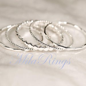 Stackable Sterling Silver Rings Set-7: 5 Piece - Twist, Hammered, Bead