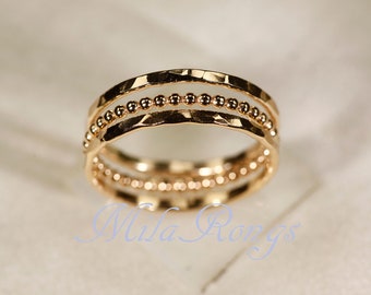 Juego de 3 anillos chapados en oro de 14 quilates (n.° 2): anillos apilables martillados y con cuentas
